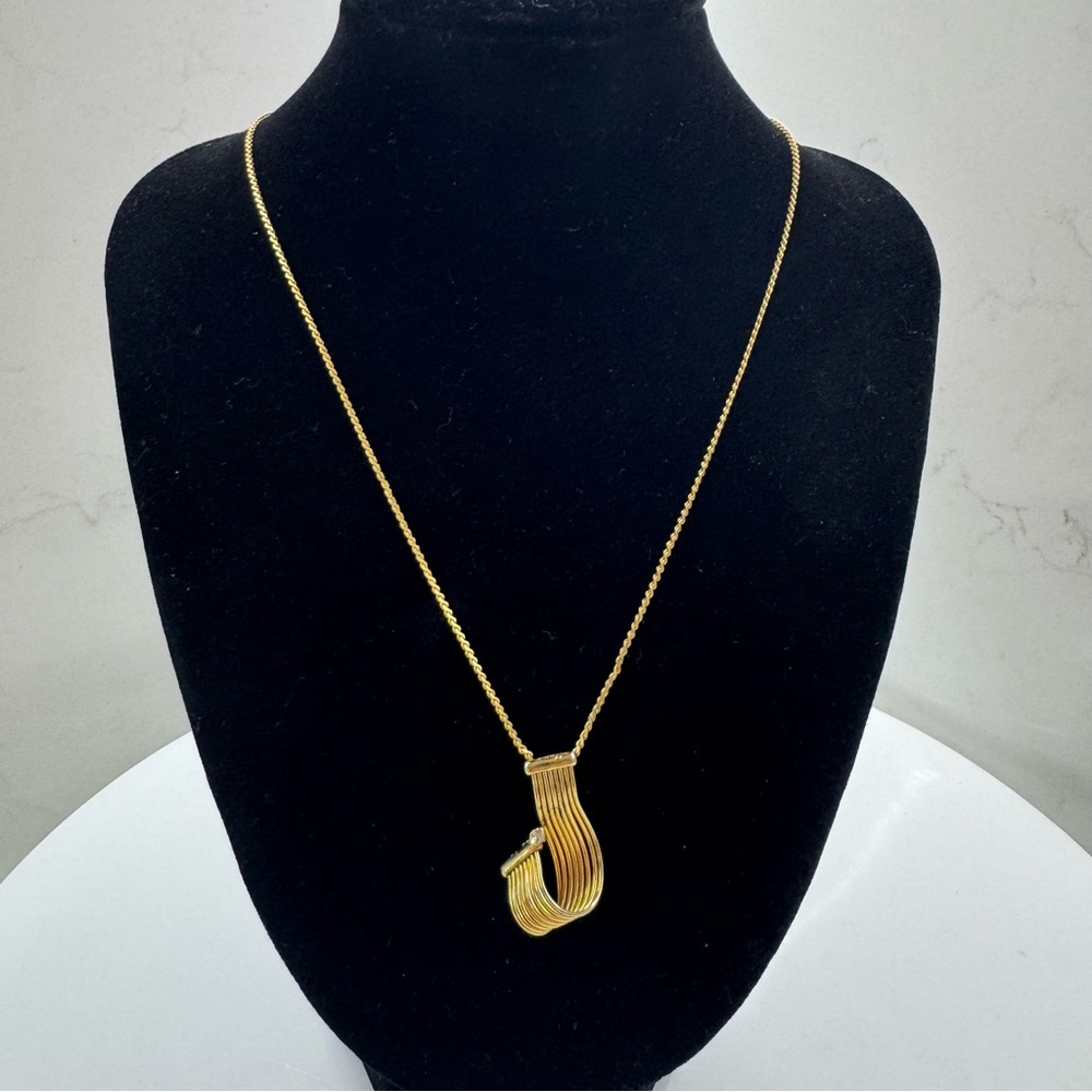 Vintage Gold Tone Abstract Ribbon Pendant Necklace MCM with Rhinestone Accent
